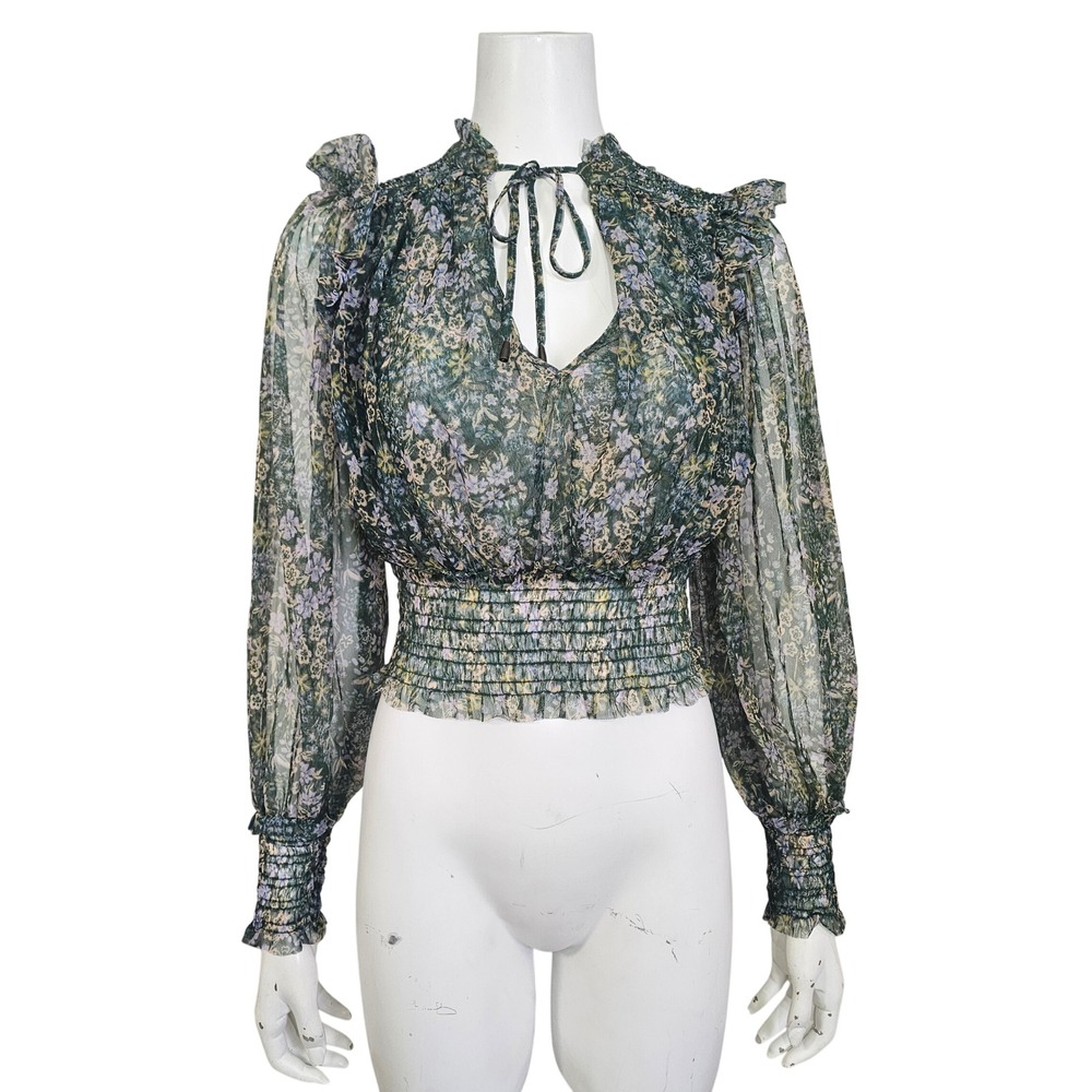 Free People Emerald Combo Floral Mesh Smocked Boho Prairie Crop Top Womens S